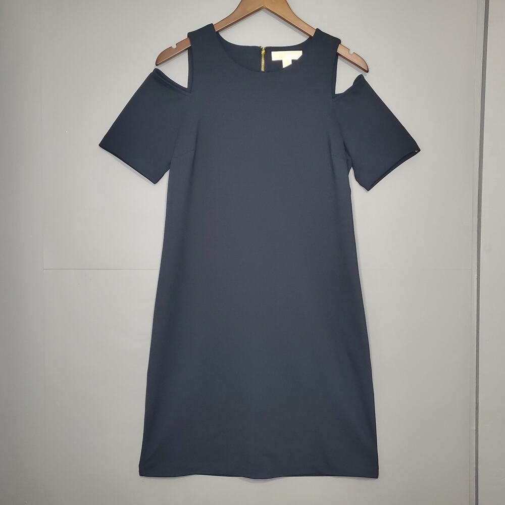 Michael Kors Cold Shoulder Dress Black Gold Zipper Shift Small RN111818